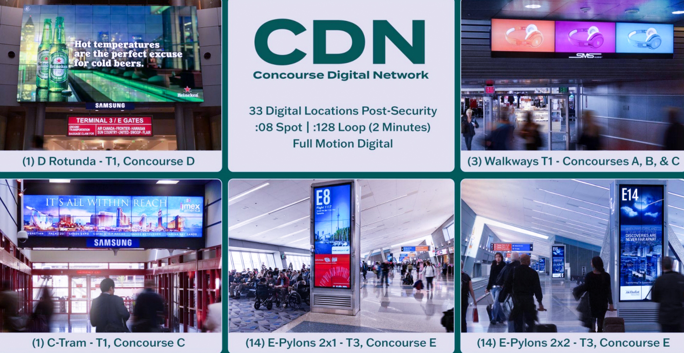 Concourse Digital Network (CDN) - 33 digital screens in T1 & T3 Concourses - providing airport-wide coverage to all passengers. Media