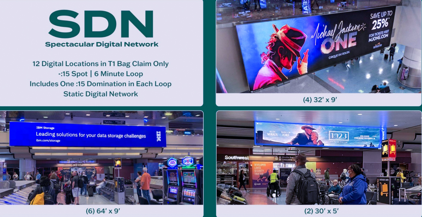 Spectacular Digital Network (SDN) - 12 large overhead digital screens spread evenly throughout T1 Bag Claim. Media